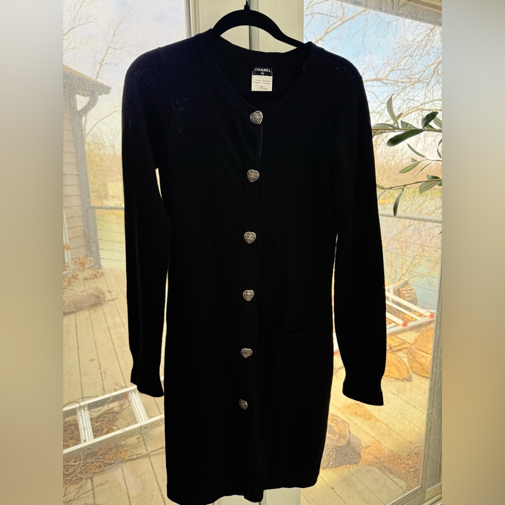 Chanel Black Cardigan with Silver heart Buttons. Size 34.